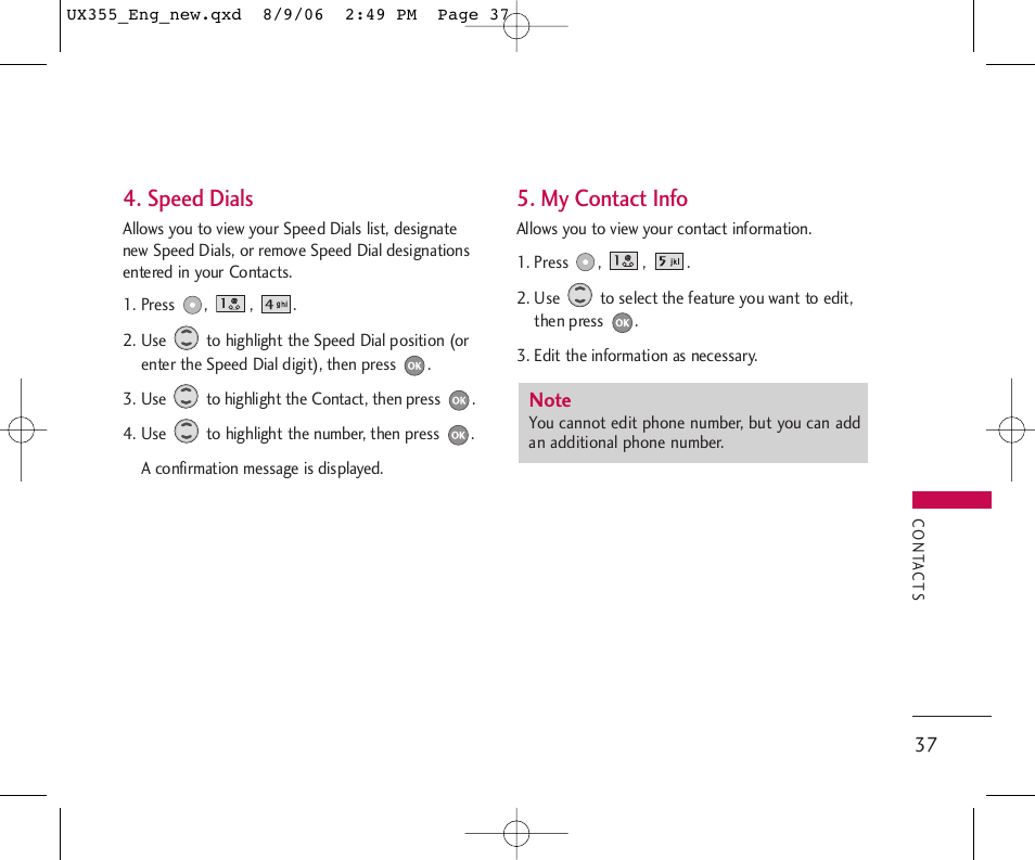 Speed dials, My contact info | LG UX355 User Manual | Page 37 / 98