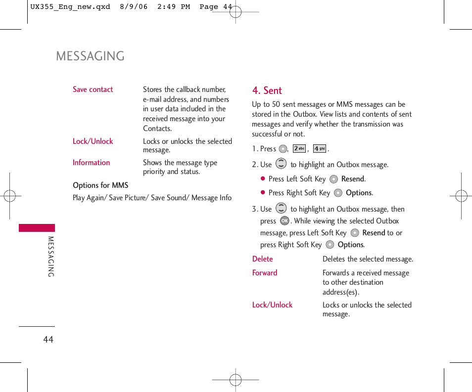 Messaging, Sent | LG UX355 User Manual | Page 44 / 98