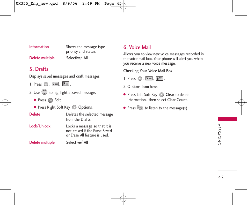 Drafts, Voice mail | LG UX355 User Manual | Page 45 / 98