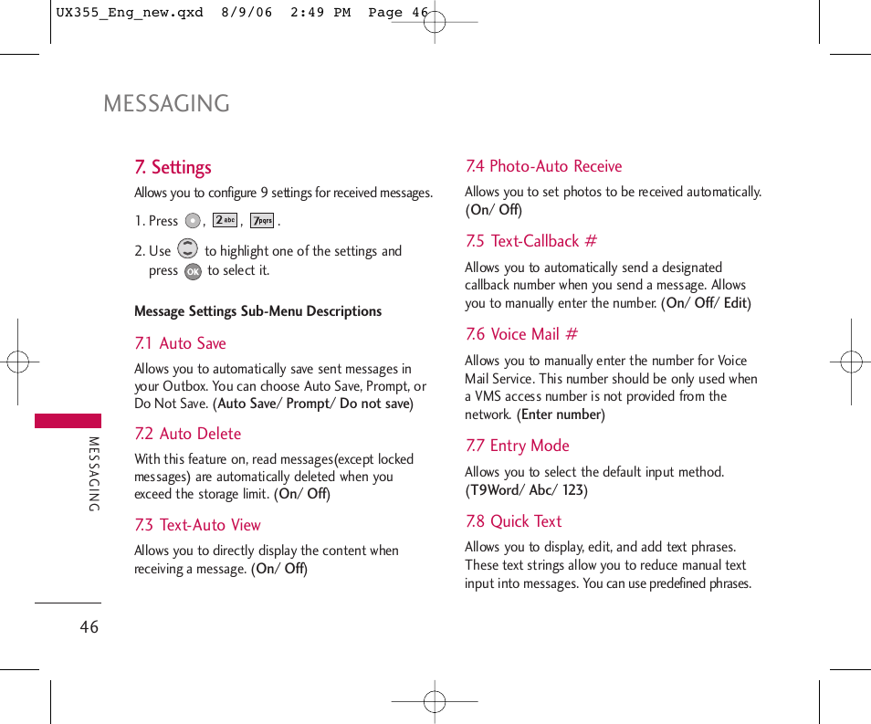 Messaging, Settings | LG UX355 User Manual | Page 46 / 98