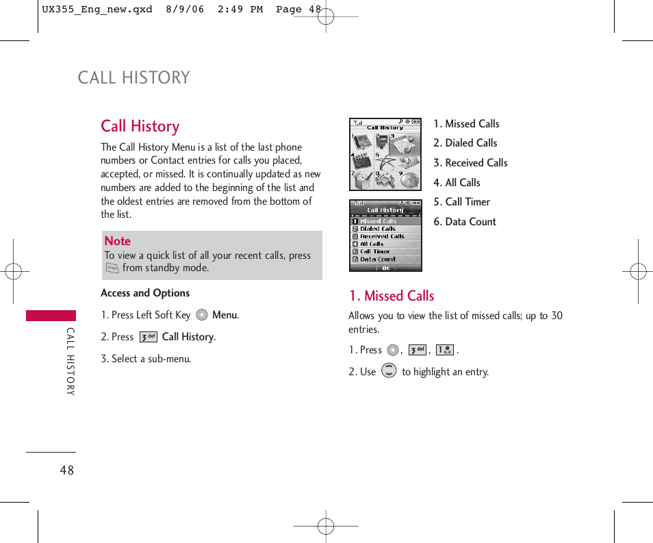 Call history, Missed calls | LG UX355 User Manual | Page 48 / 98