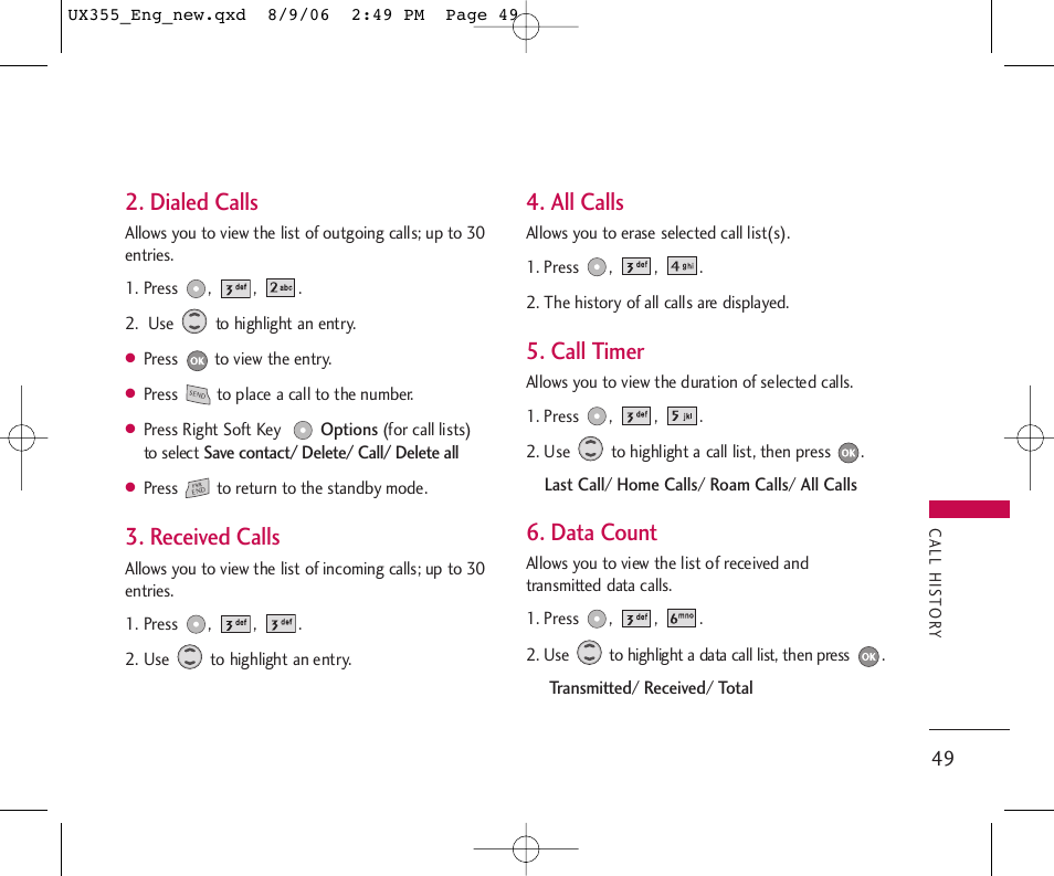 Dialed calls, Received calls, All calls | Call timer, Data count | LG UX355 User Manual | Page 49 / 98