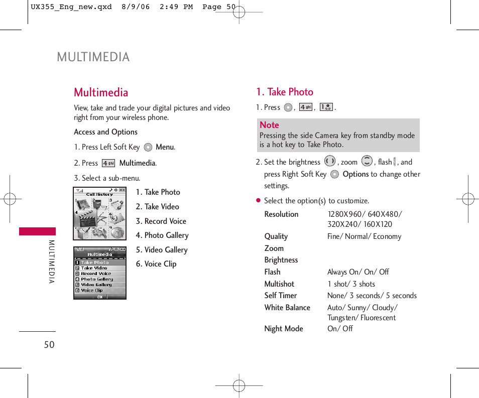 Multimedia, Take photo | LG UX355 User Manual | Page 50 / 98