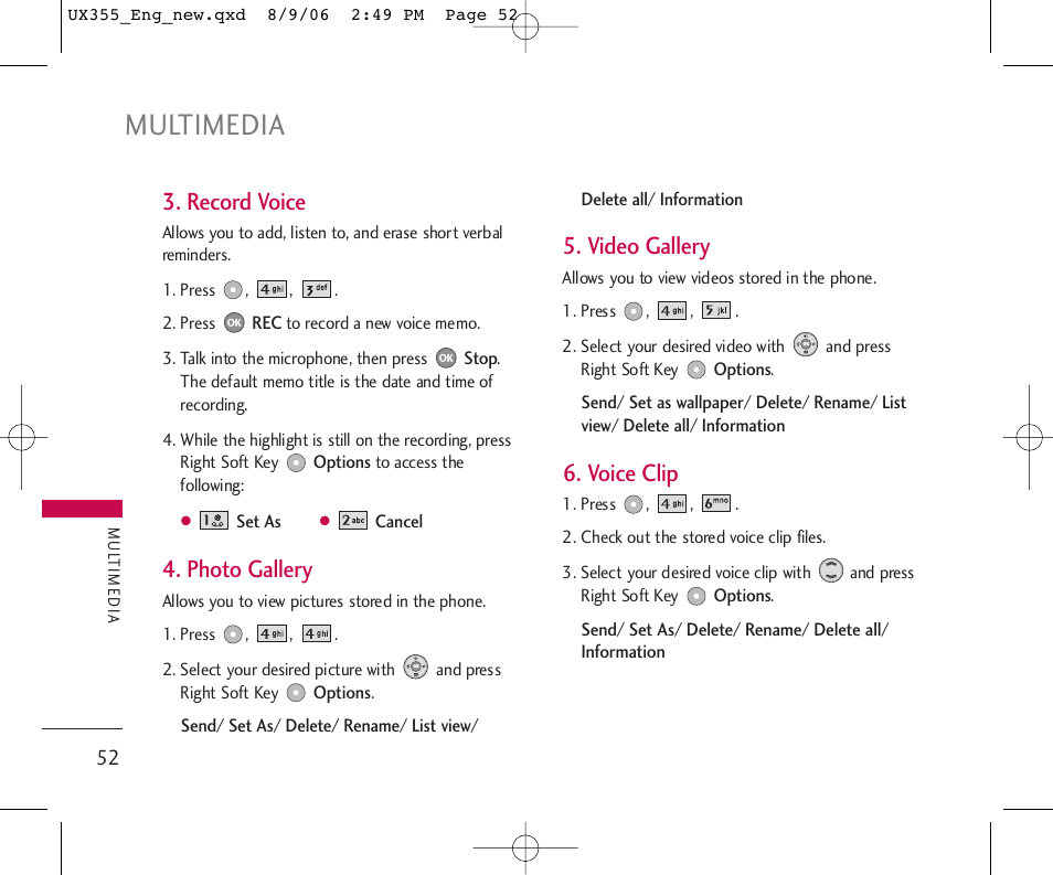 Multimedia, Record voice, Photo gallery | Video gallery, Voice clip | LG UX355 User Manual | Page 52 / 98