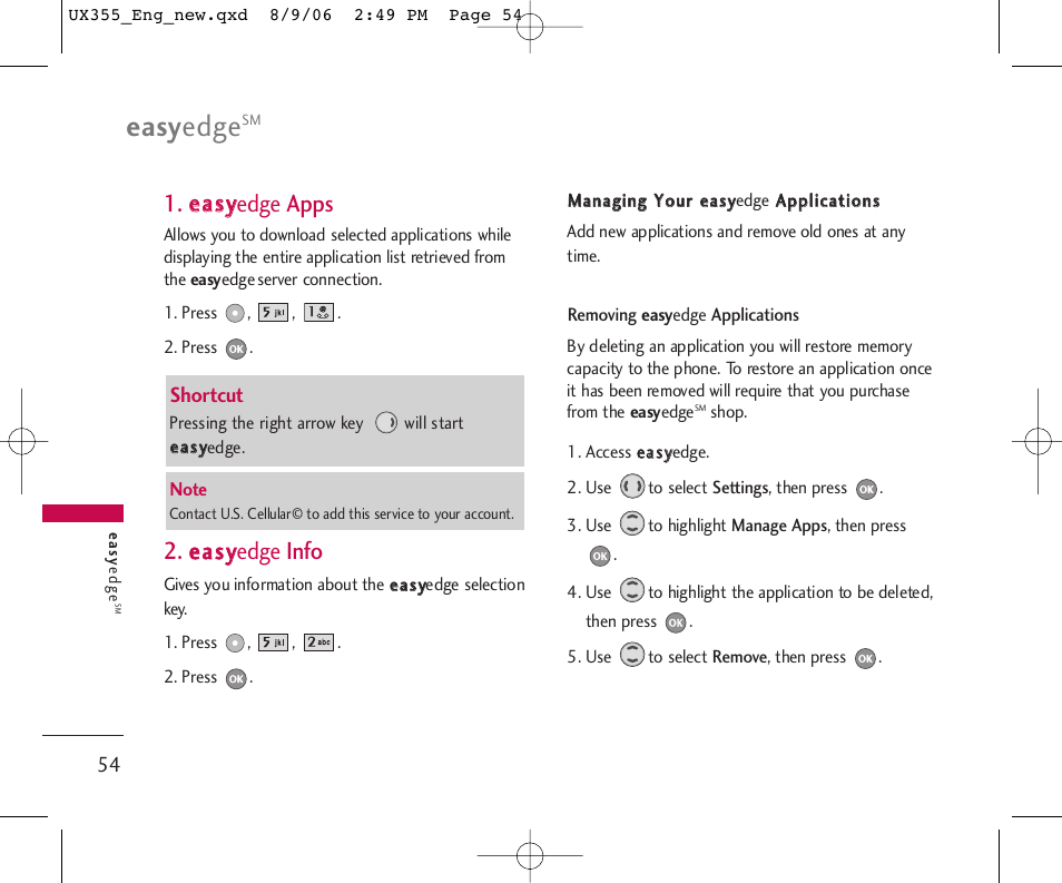 Easy edge, Eeaassyyedge apps, Eeaassyyedge info | LG UX355 User Manual | Page 54 / 98