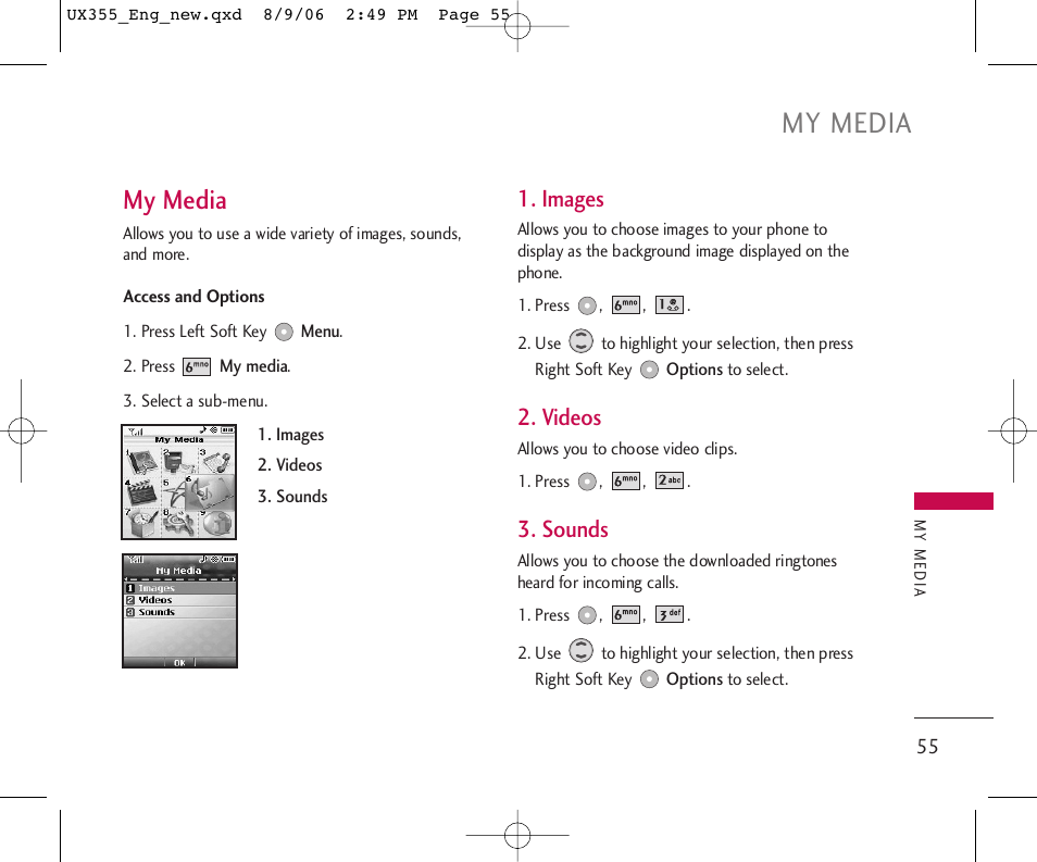 My media, Images, Videos | Sounds | LG UX355 User Manual | Page 55 / 98