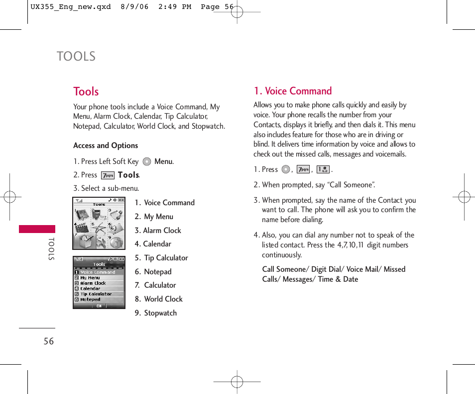 Tools, Voice command | LG UX355 User Manual | Page 56 / 98