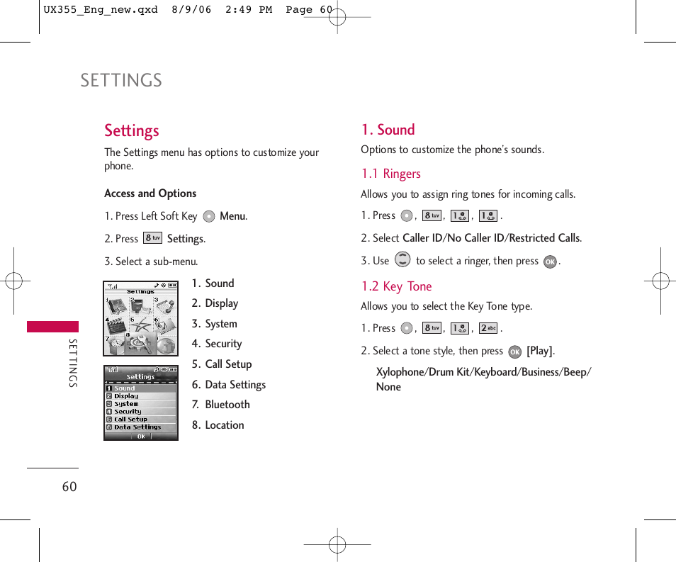 Settings, Sound | LG UX355 User Manual | Page 60 / 98