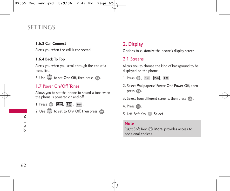 Settings, Display | LG UX355 User Manual | Page 62 / 98