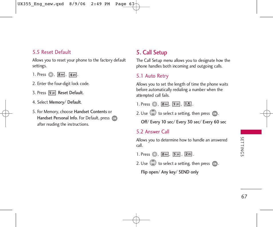 Call setup | LG UX355 User Manual | Page 67 / 98