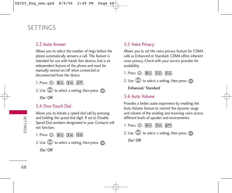 Settings | LG UX355 User Manual | Page 68 / 98