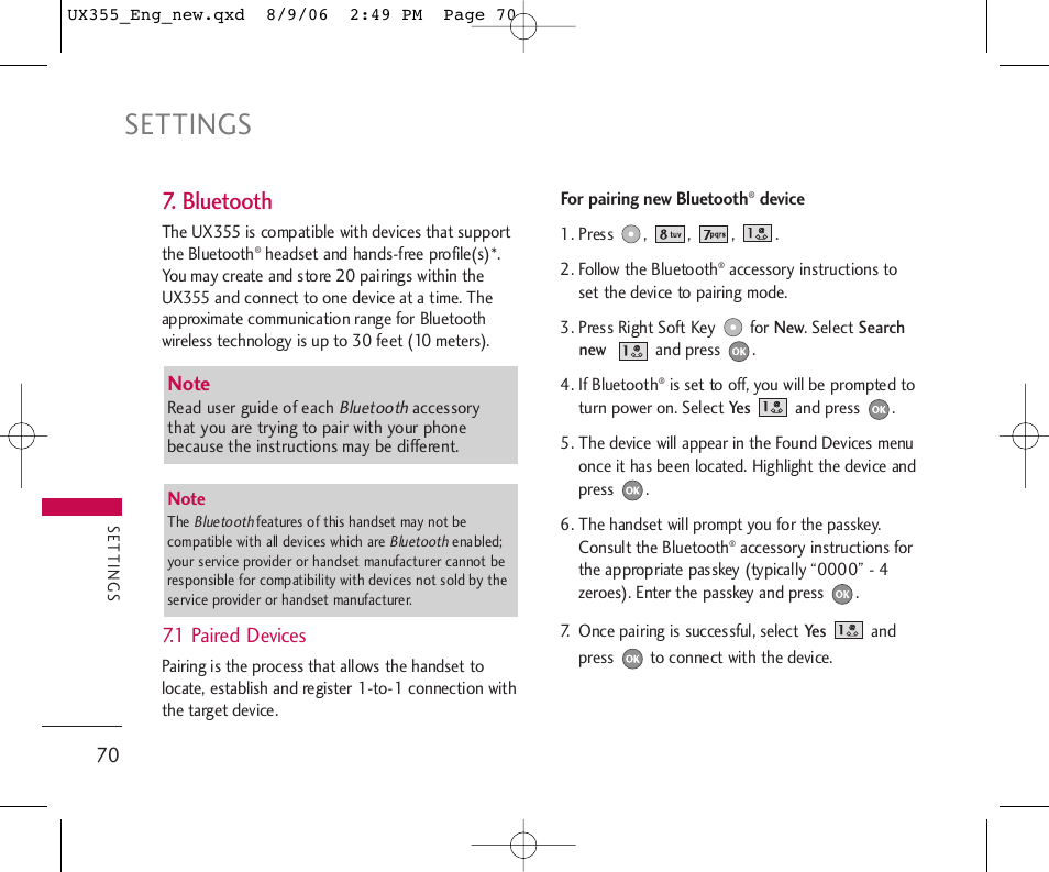 Settings, Bluetooth | LG UX355 User Manual | Page 70 / 98