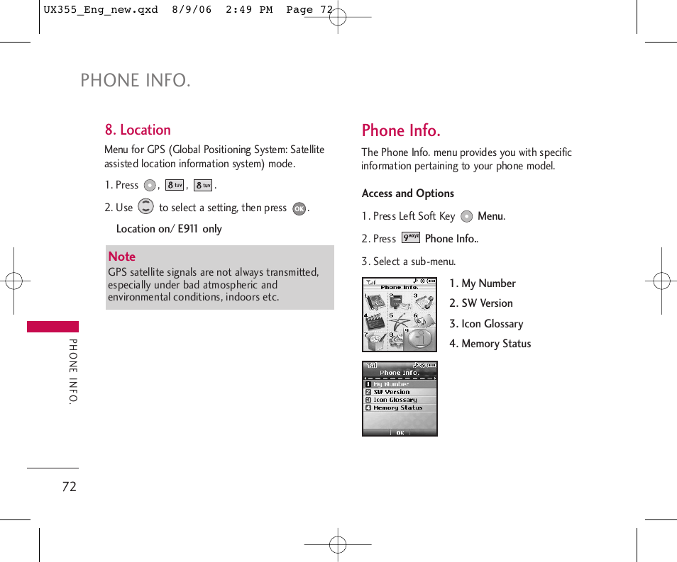 Phone info, Location | LG UX355 User Manual | Page 72 / 98