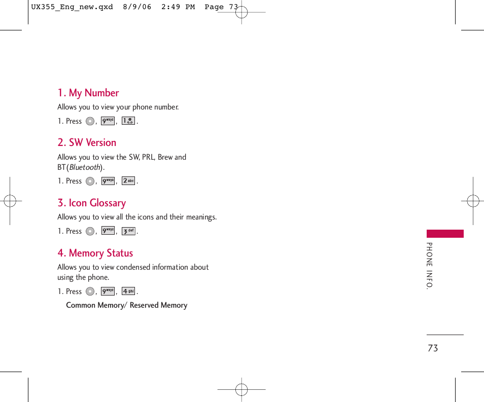 My number, Sw version, Icon glossary | LG UX355 User Manual | Page 73 / 98