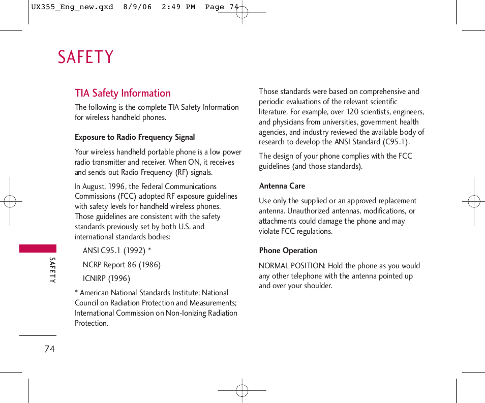 Safety, Tia safety information | LG UX355 User Manual | Page 74 / 98