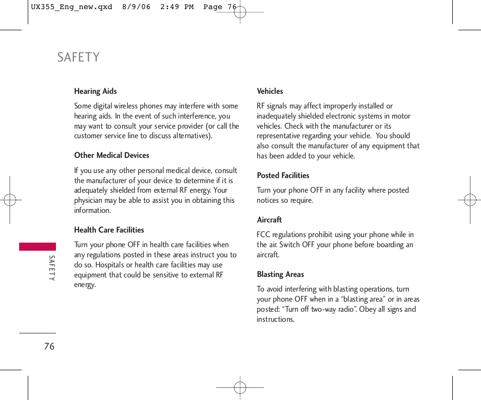 Safety | LG UX355 User Manual | Page 76 / 98