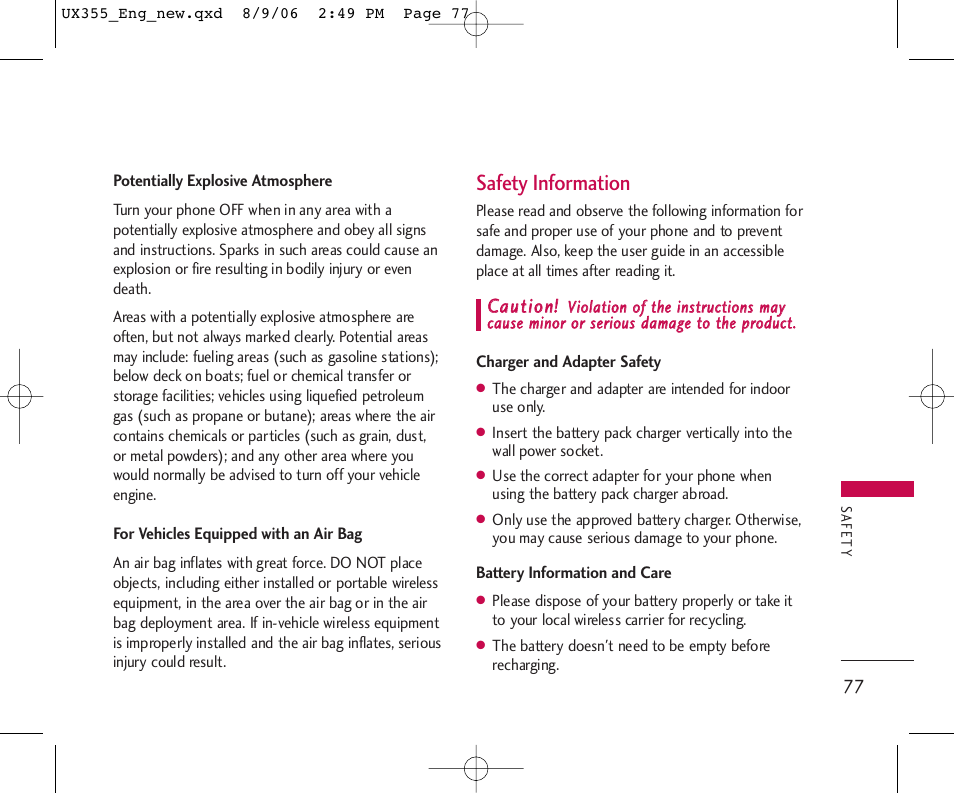 Safety information | LG UX355 User Manual | Page 77 / 98