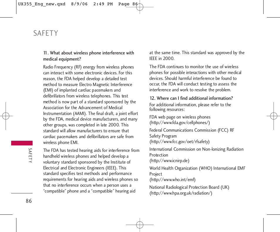 Safety | LG UX355 User Manual | Page 86 / 98