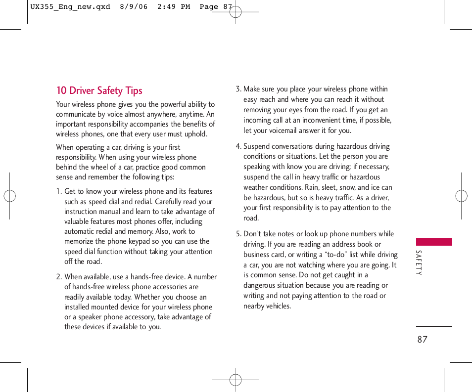 10 driver safety tips | LG UX355 User Manual | Page 87 / 98