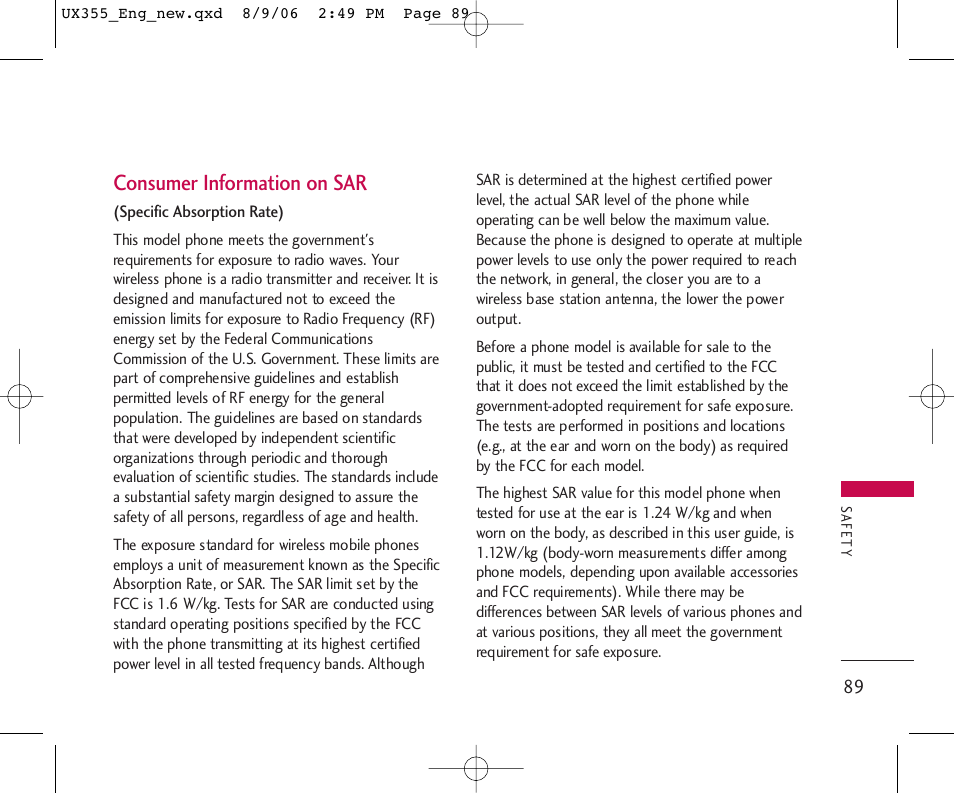 Consumer information on sar | LG UX355 User Manual | Page 89 / 98