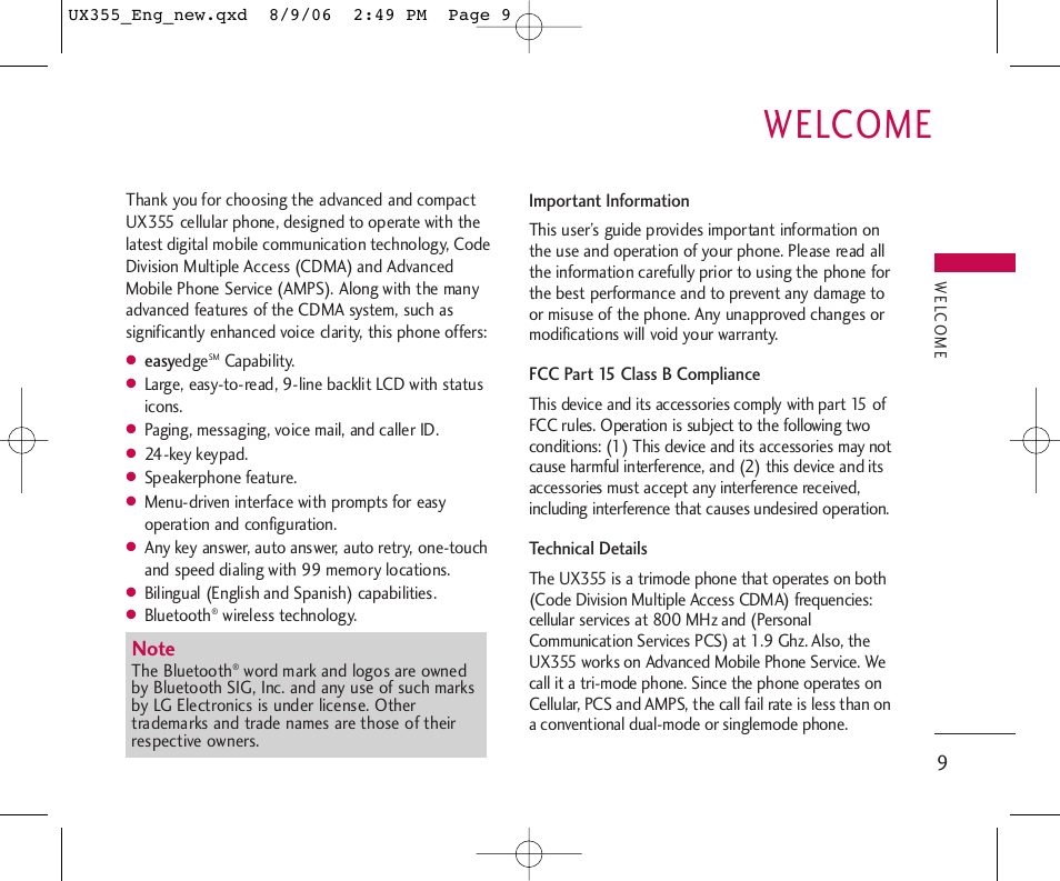 Welcome | LG UX355 User Manual | Page 9 / 98