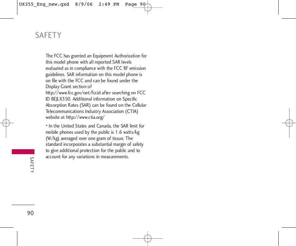 Safety | LG UX355 User Manual | Page 90 / 98