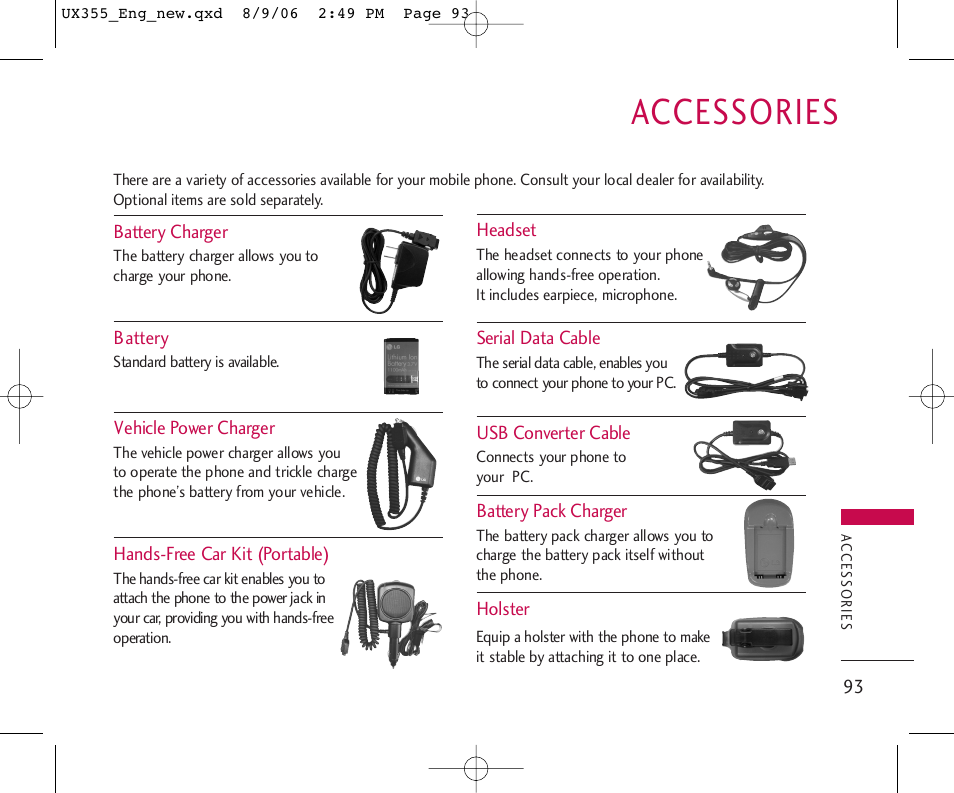 Accessories | LG UX355 User Manual | Page 93 / 98