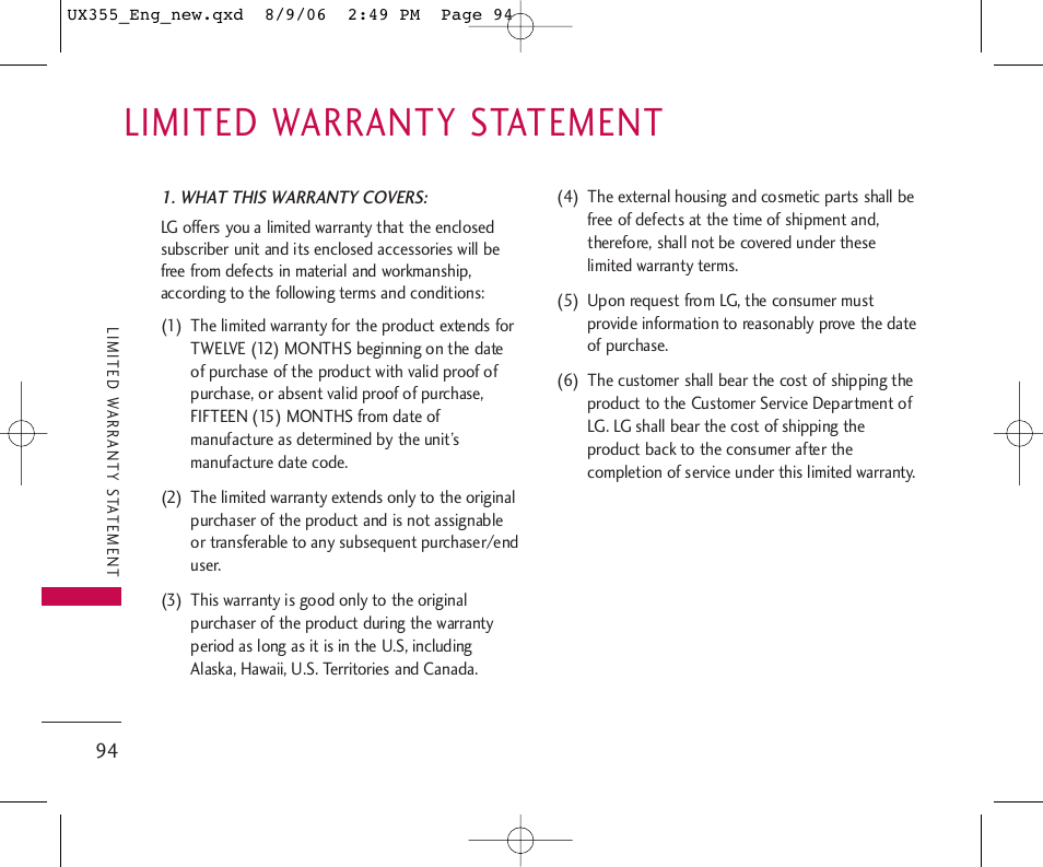 Limited warranty statement | LG UX355 User Manual | Page 94 / 98