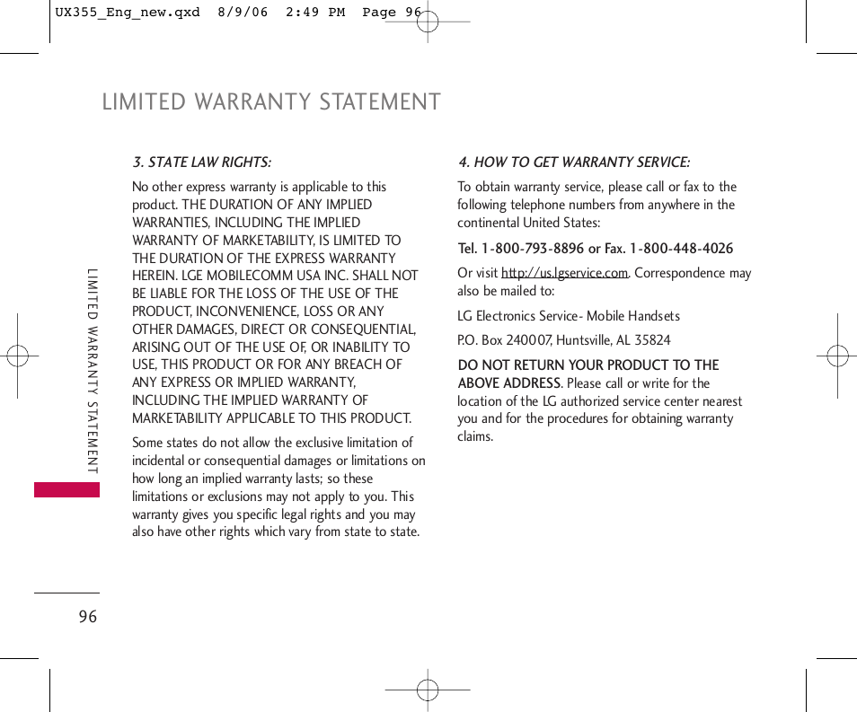 Limited warranty statement | LG UX355 User Manual | Page 96 / 98