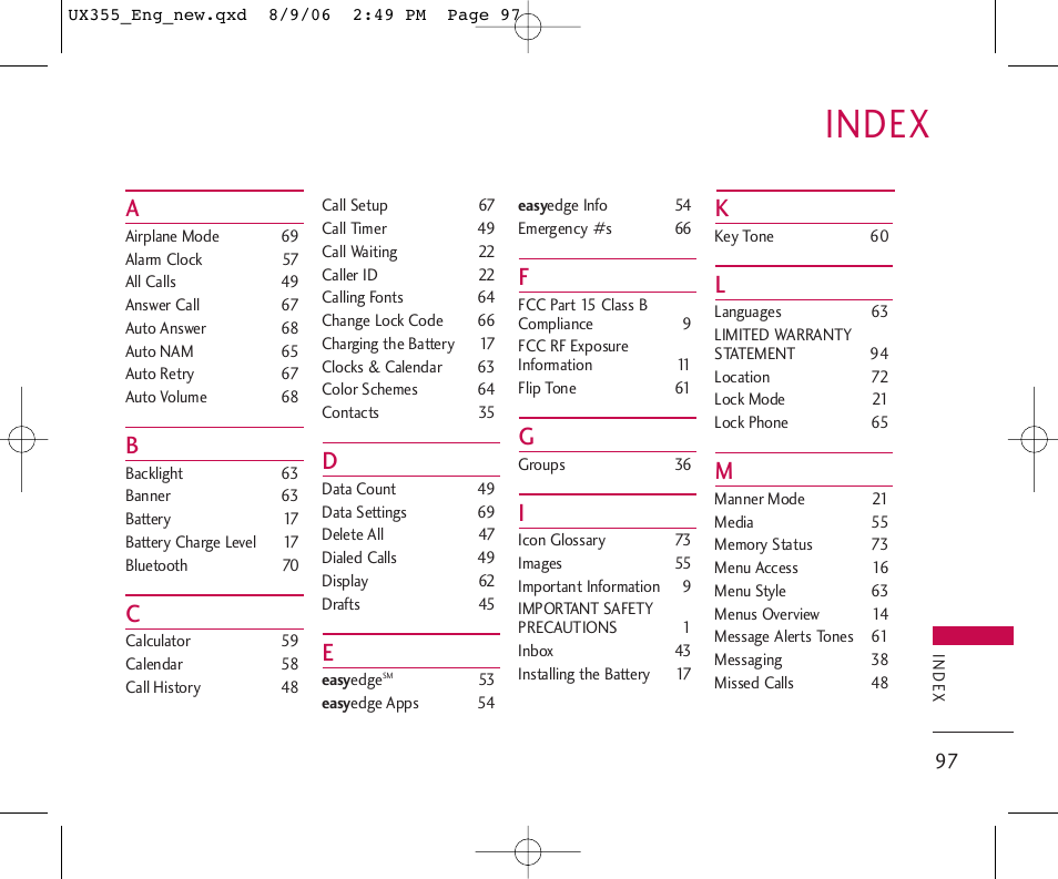 Index | LG UX355 User Manual | Page 97 / 98