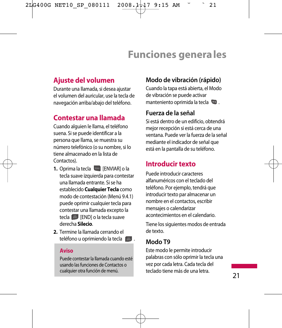 Funciones genera les, 21 ajuste del volumen, Contestar una llamada | Introducir texto | LG LG400G User Manual | Page 105 / 171