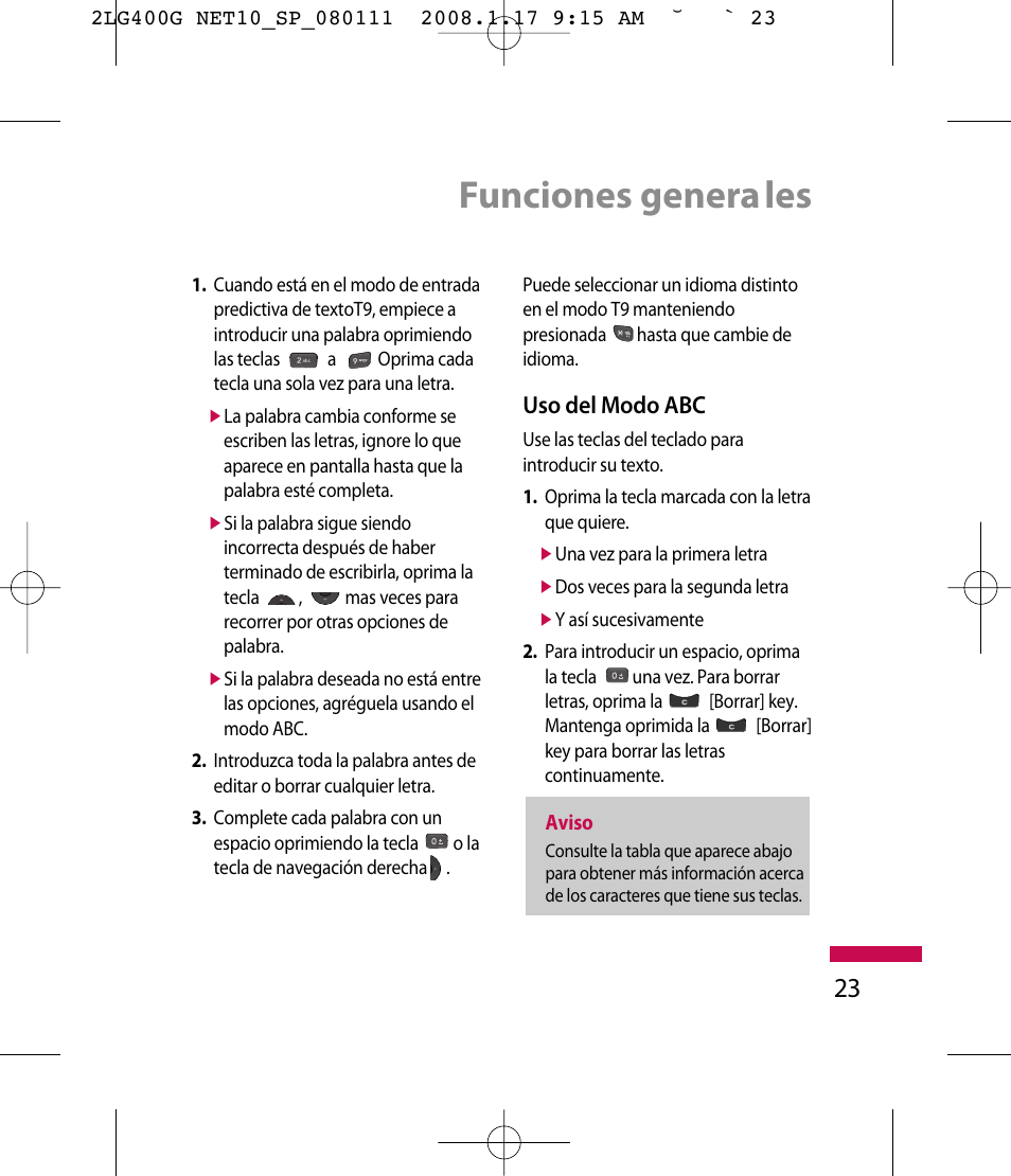 Funciones genera les, Uso del modo abc | LG LG400G User Manual | Page 107 / 171