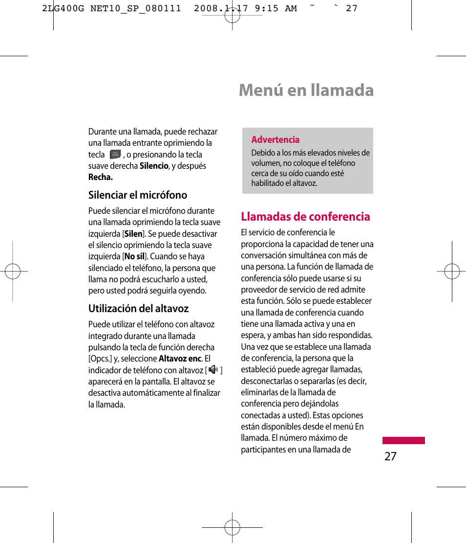 Menú en llamada, Llamadas de conferencia | LG LG400G User Manual | Page 111 / 171