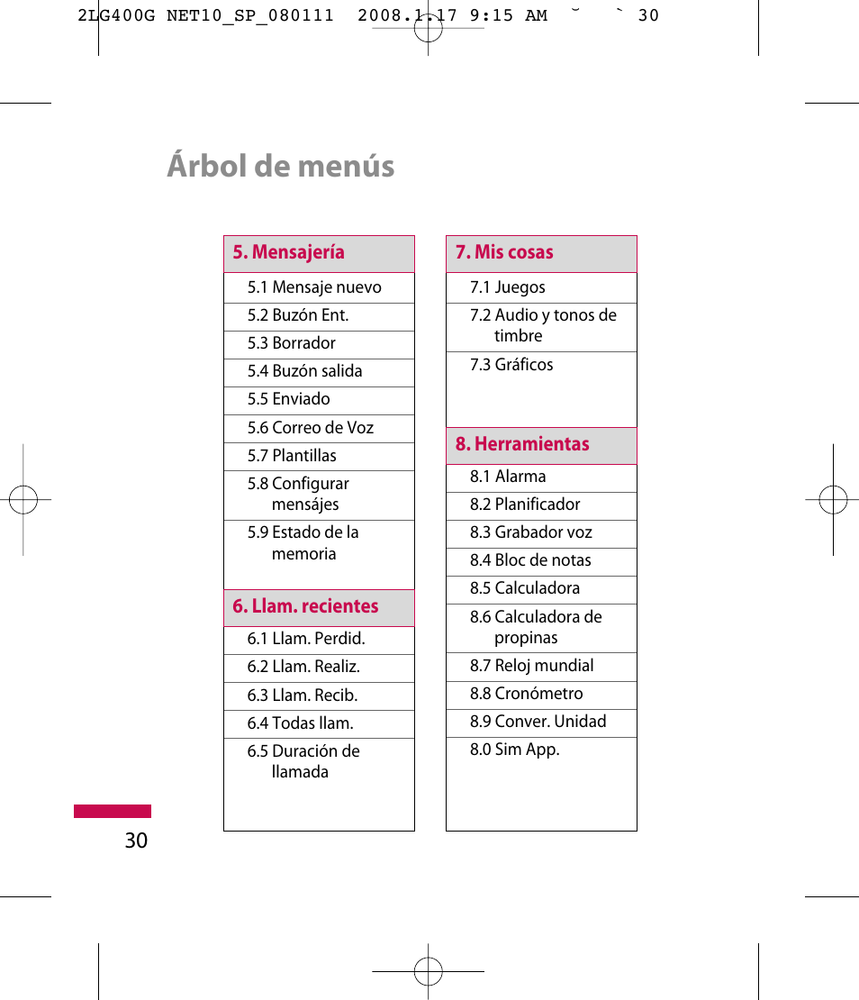 Árbol de menús | LG LG400G User Manual | Page 114 / 171