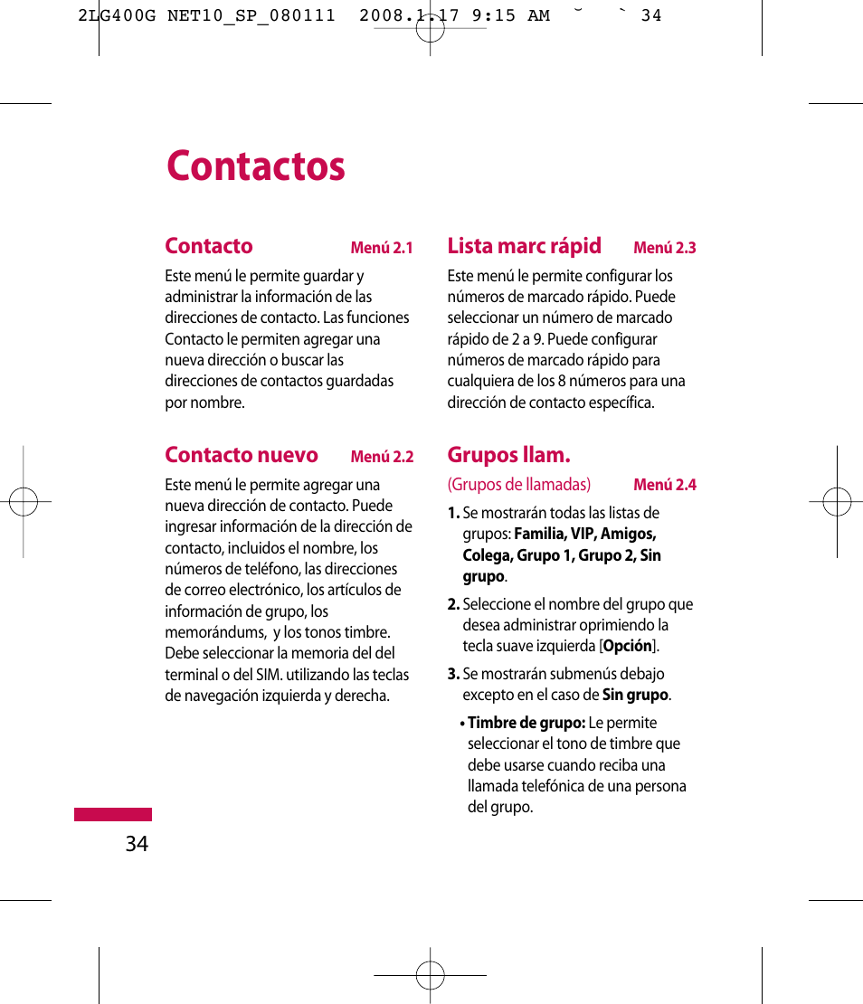 Contactos | LG LG400G User Manual | Page 118 / 171
