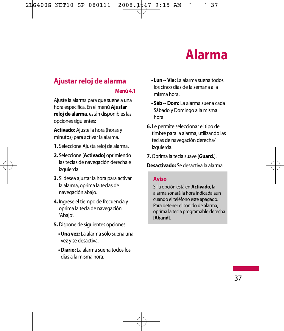 Alarma, 37 ajustar reloj de alarma | LG LG400G User Manual | Page 121 / 171