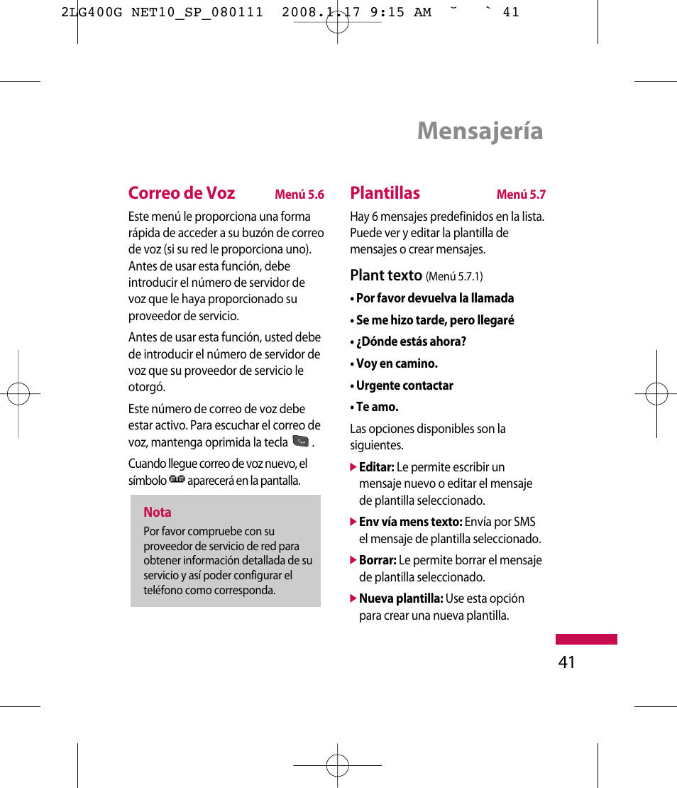 Mensajería, 41 correo de voz, Plantillas | LG LG400G User Manual | Page 125 / 171