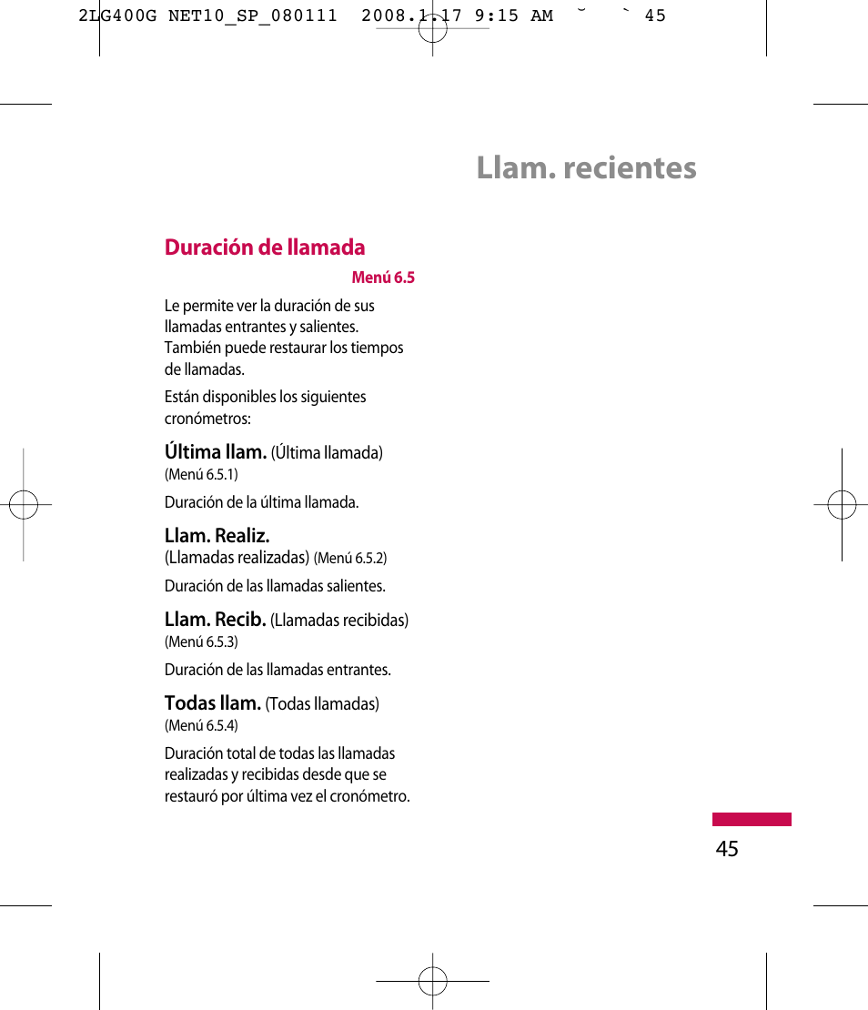 Llam. recientes, 45 duración de llamada | LG LG400G User Manual | Page 129 / 171