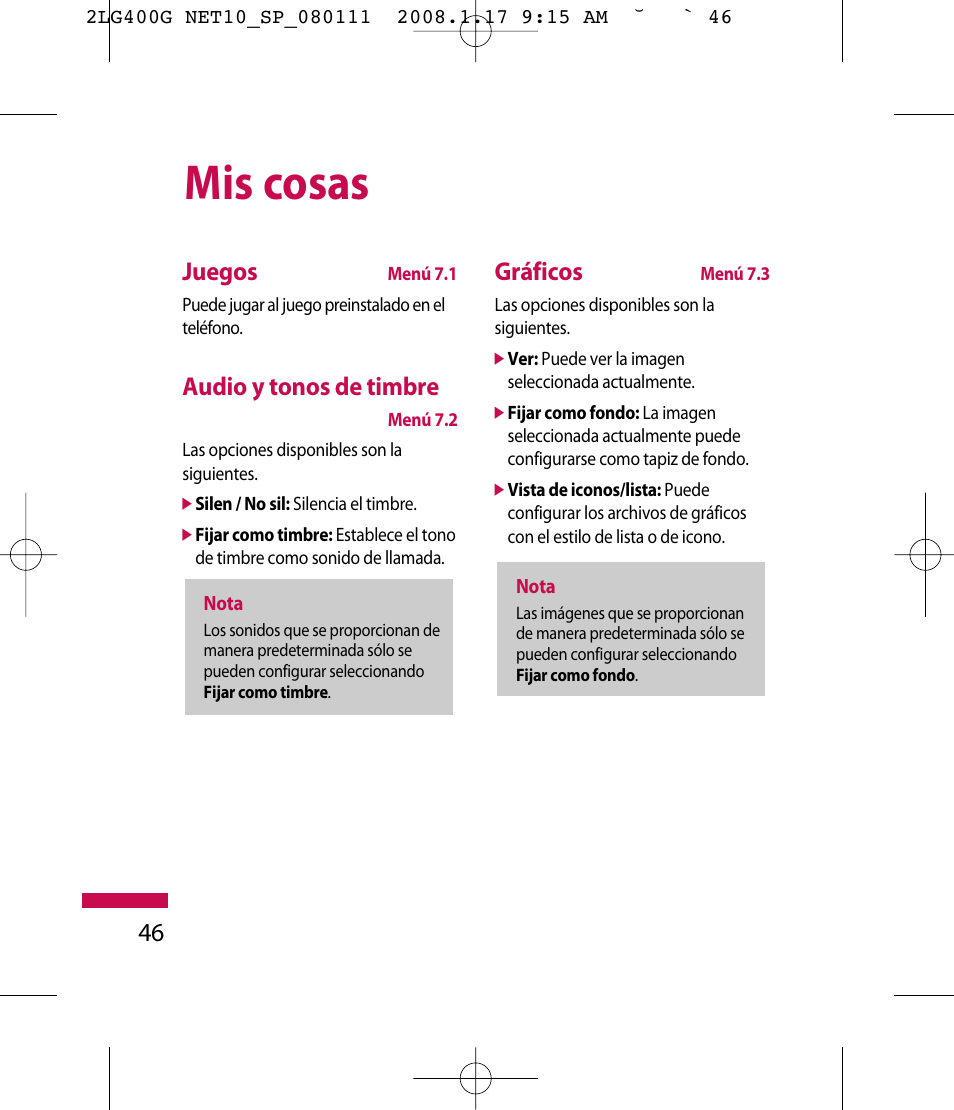 Mis cosas, 46 juegos, Audio y tonos de timbre | Gráficos | LG LG400G User Manual | Page 130 / 171