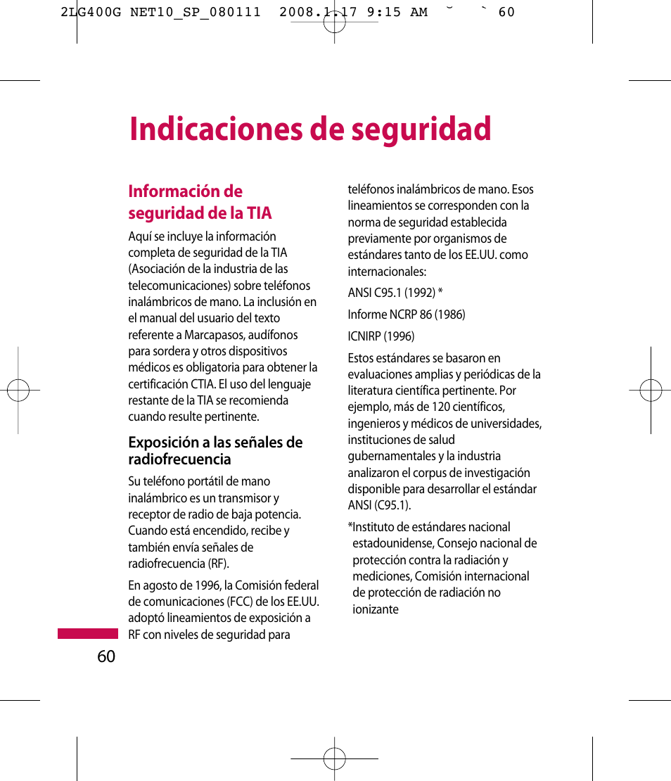 Indicaciones de seguridad | LG LG400G User Manual | Page 144 / 171