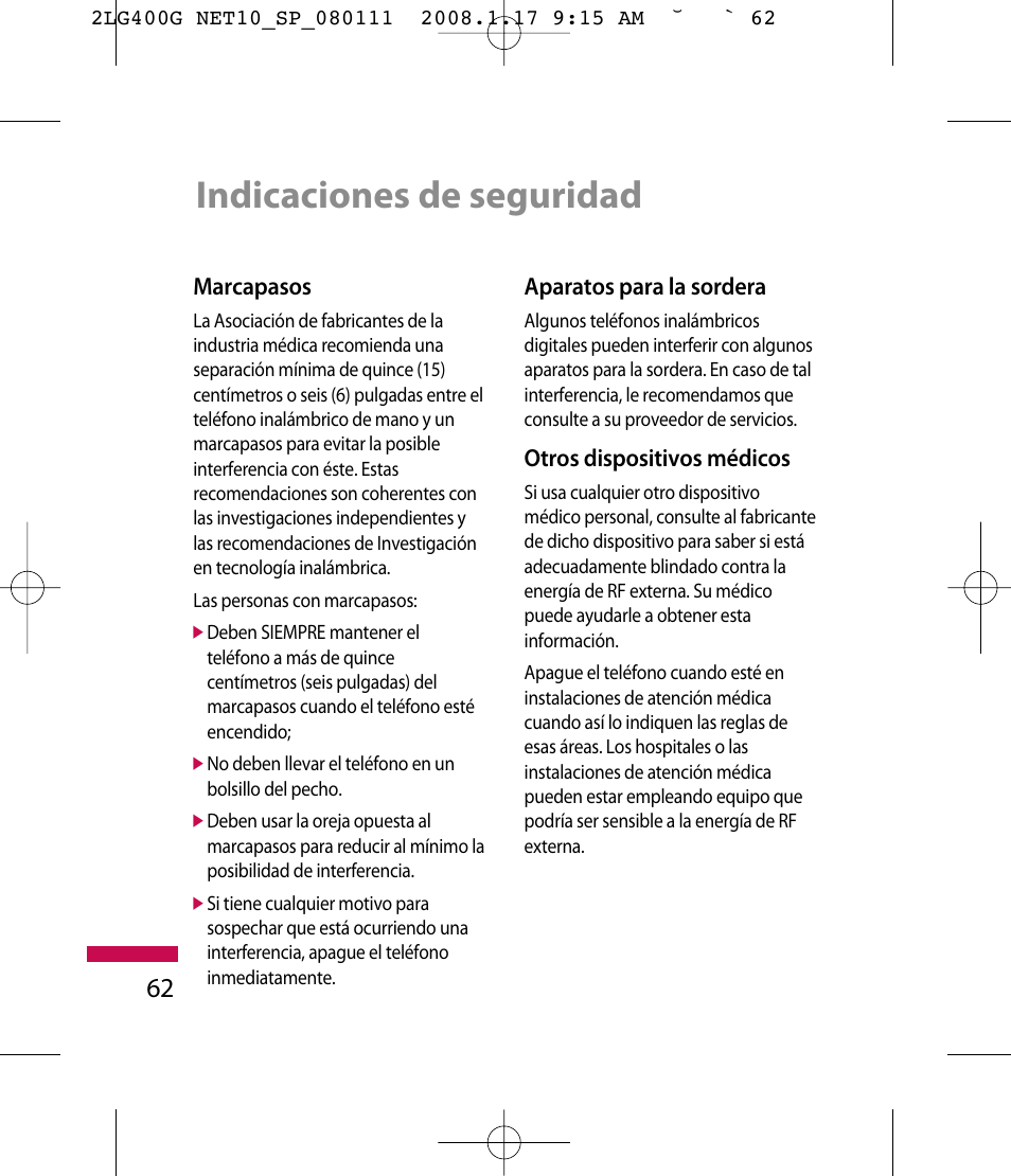 Indicaciones de seguridad | LG LG400G User Manual | Page 146 / 171