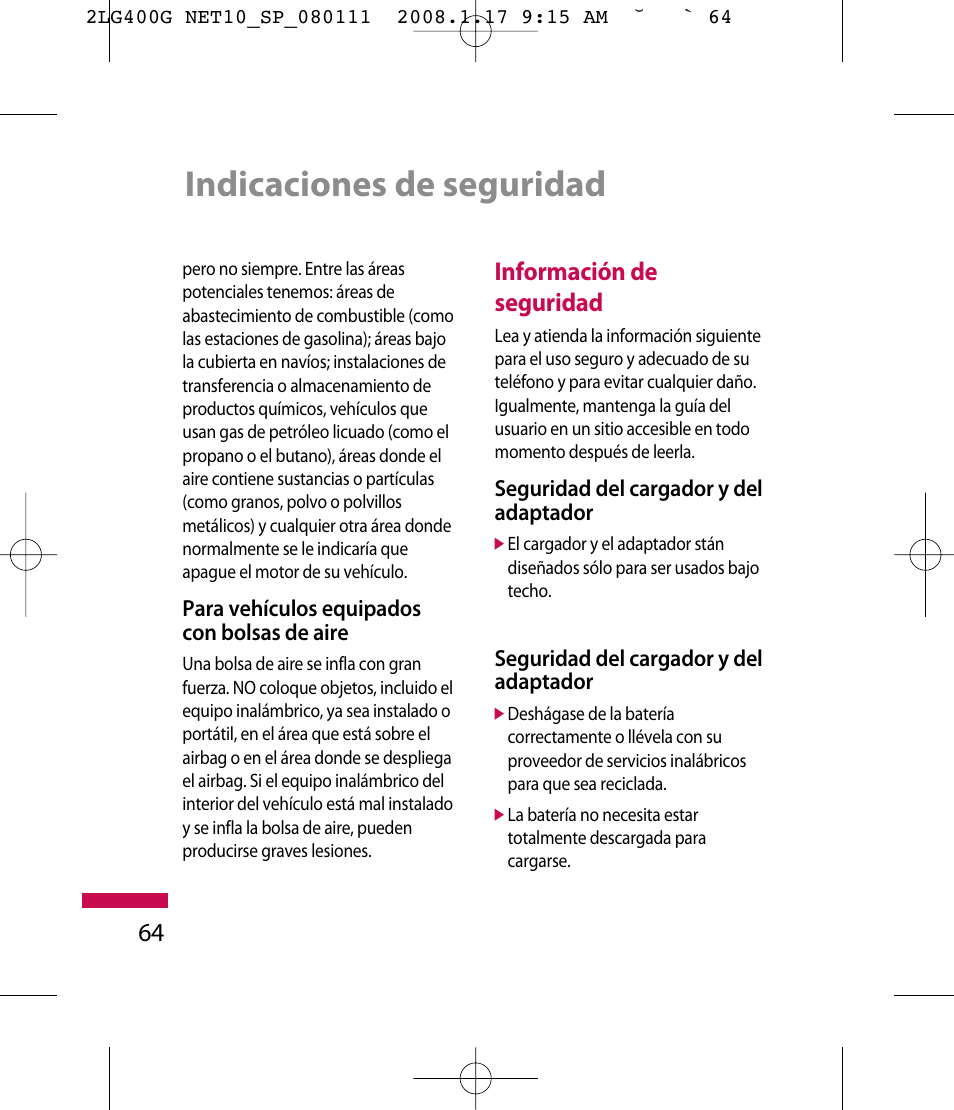 Indicaciones de seguridad, Información de seguridad | LG LG400G User Manual | Page 148 / 171