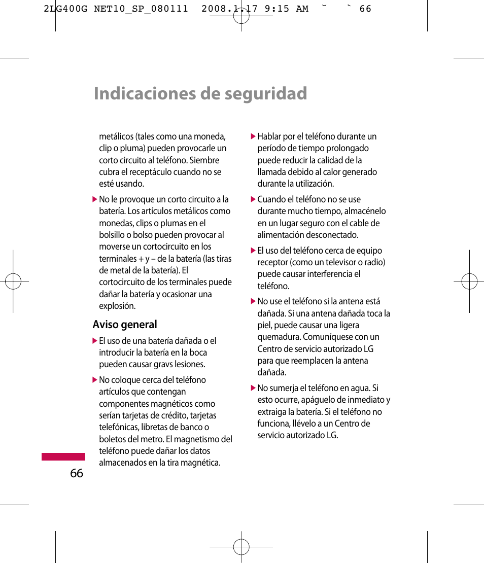 Indicaciones de seguridad | LG LG400G User Manual | Page 150 / 171