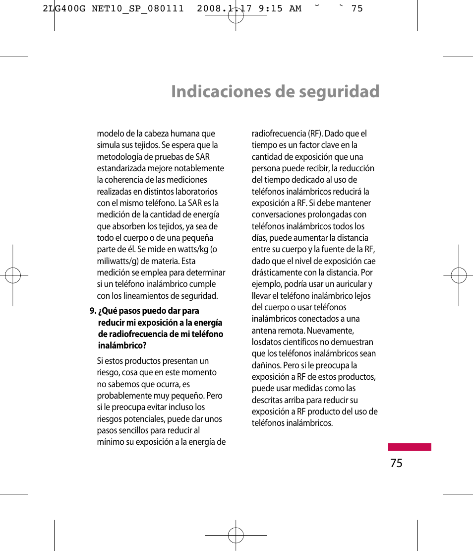 Indicaciones de seguridad | LG LG400G User Manual | Page 159 / 171