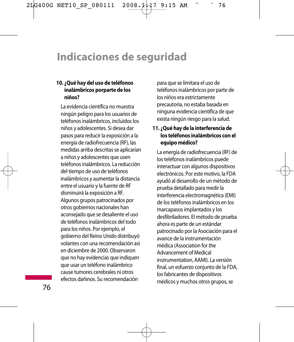 Indicaciones de seguridad | LG LG400G User Manual | Page 160 / 171