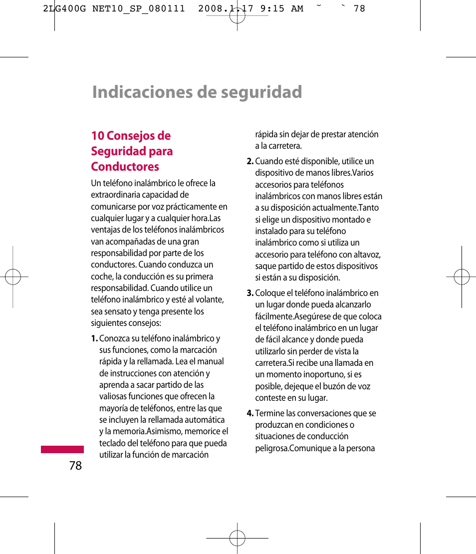 Indicaciones de seguridad, 78 10 consejos de seguridad para conductores | LG LG400G User Manual | Page 162 / 171