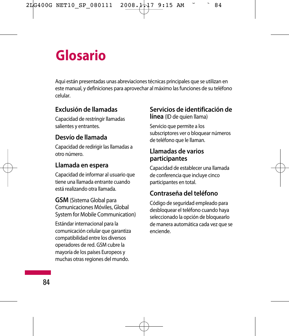 Glosario | LG LG400G User Manual | Page 168 / 171