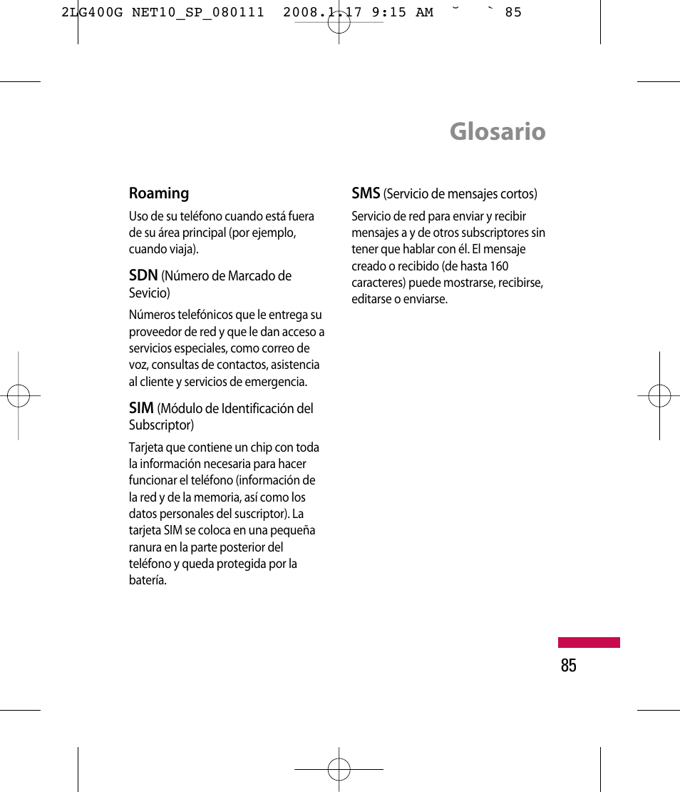 Glosario | LG LG400G User Manual | Page 169 / 171