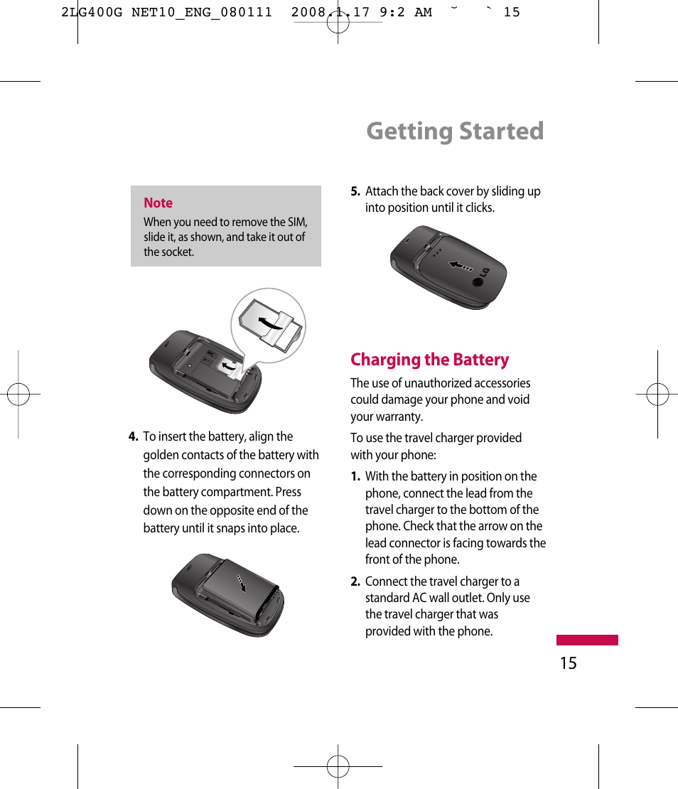 Getting started, Charging the battery | LG LG400G User Manual | Page 18 / 171