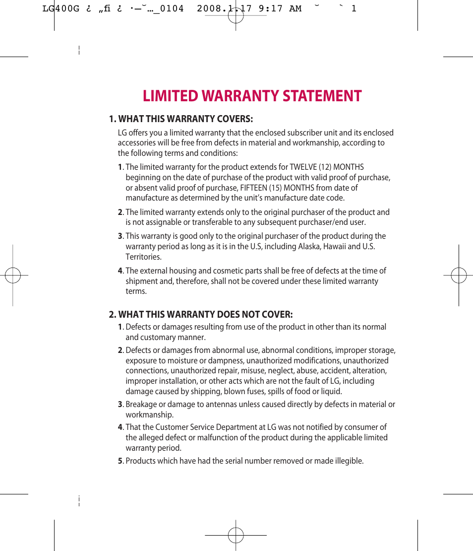 Limited warranty statement | LG LG400G User Manual | Page 2 / 171